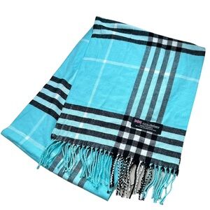Made In Scotland 100% Cashmere Blue Plaid Scarf with Fringe